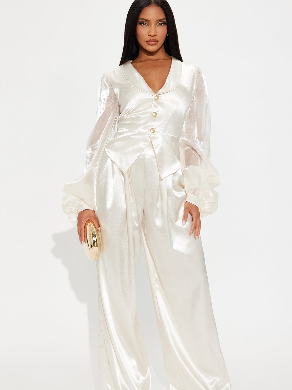Satin V-Neck Ivory Jumpsuit with Sheer Balloon Sleeves